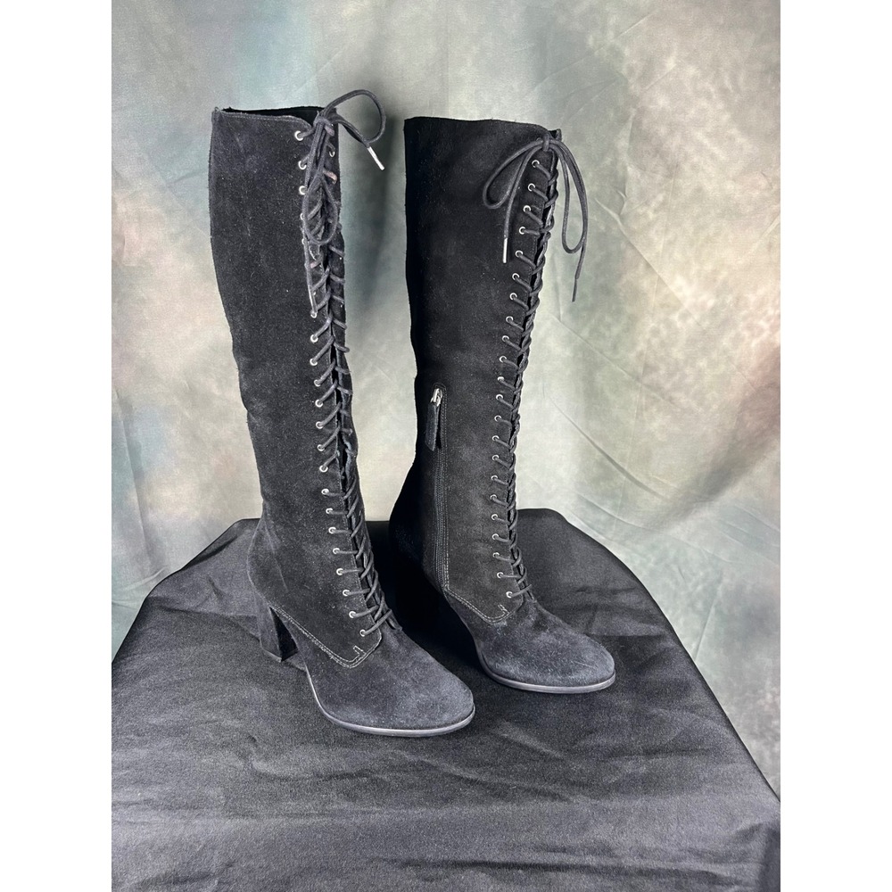 Matisse Black Suede Lace Up Knee High Block Heel Duchess Size 8.5M Brazil